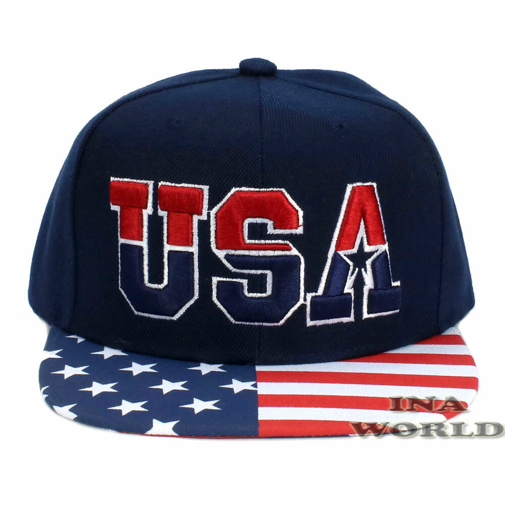 USA Flag Hat Stars and Stripes Flag Flat Bill Snapback Baseball Cap- Navy Blue