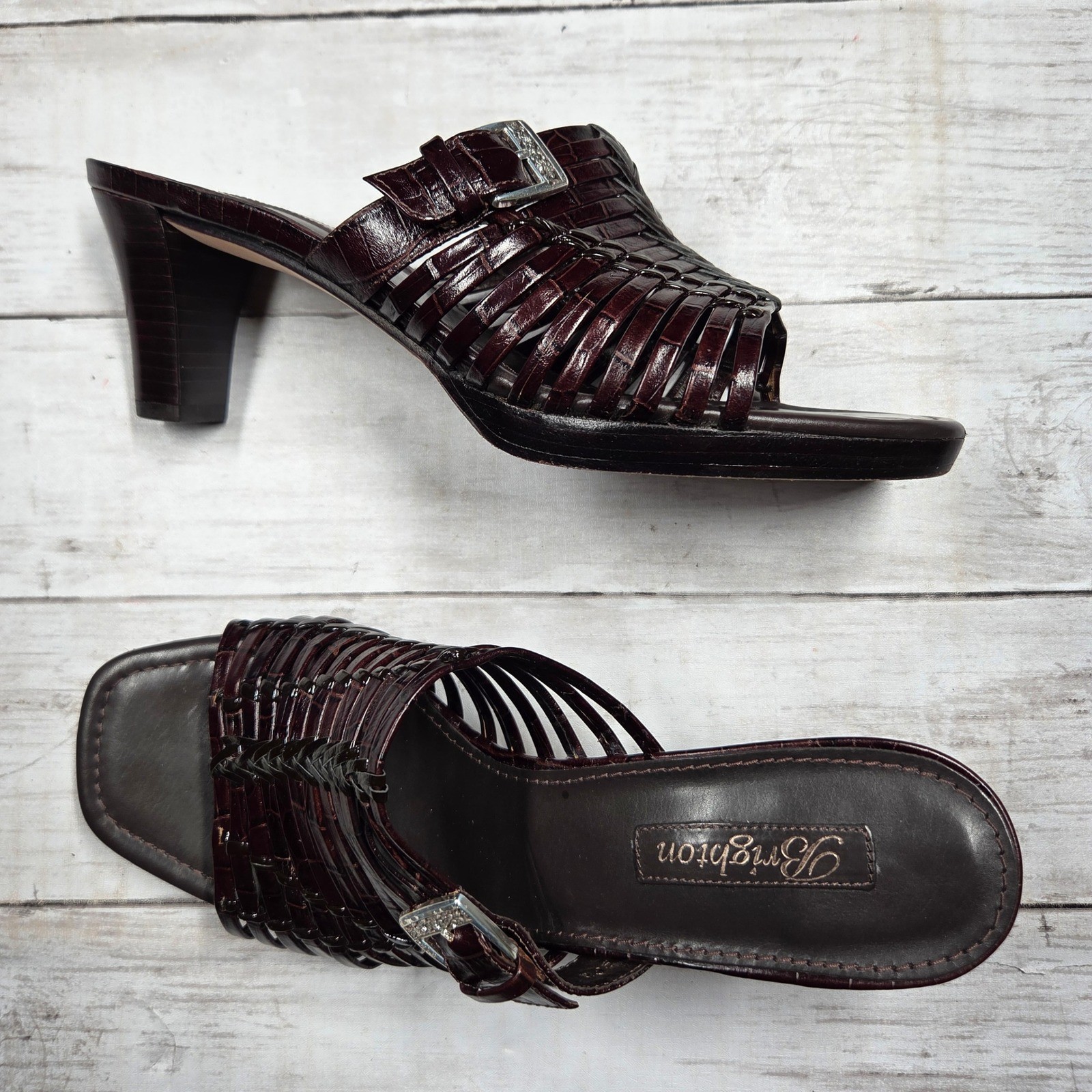 Brighton Peach Mules Woven Croc Leather Sandals Women 7.5M Burgundy Square Toe
