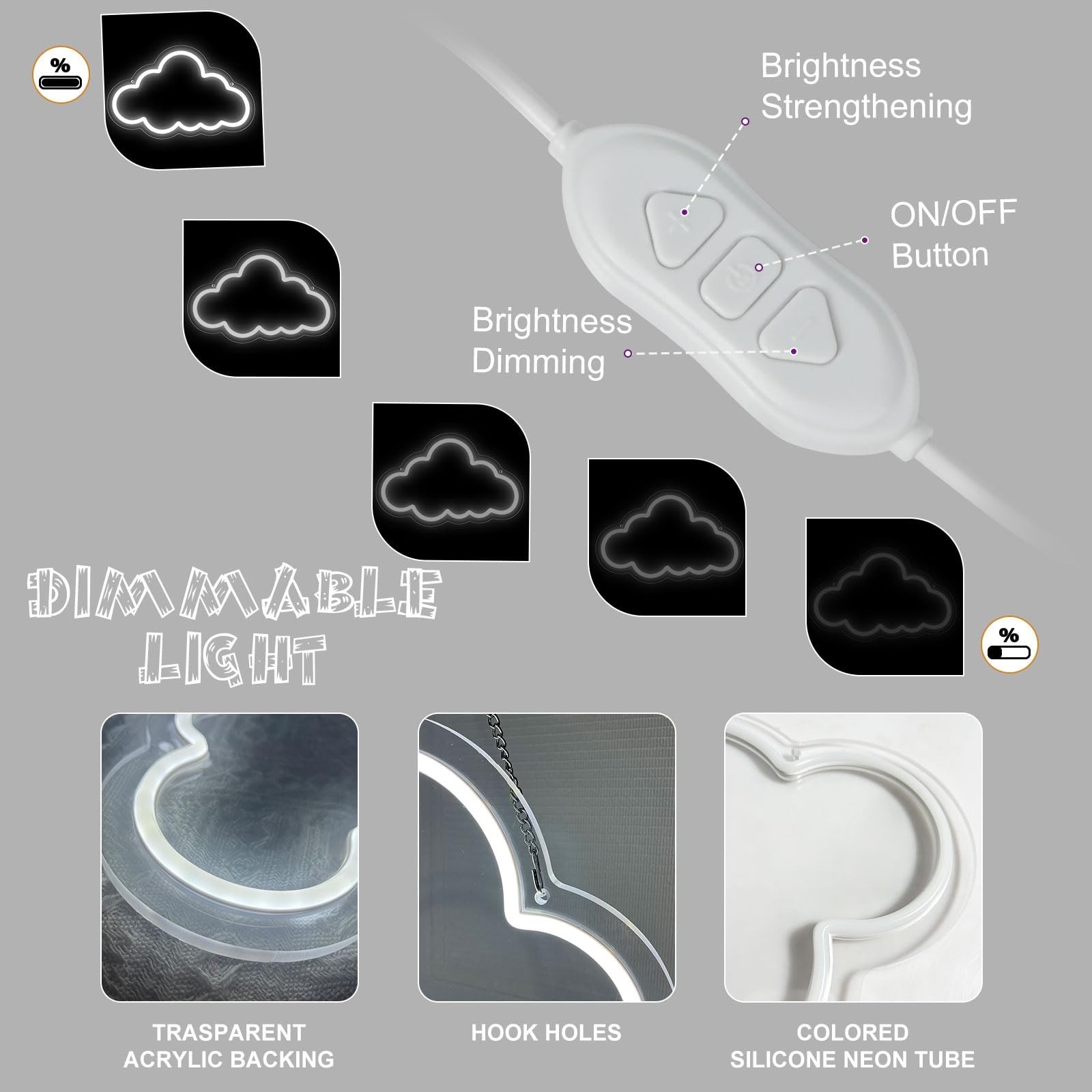 Cloud Neon Sign Cute White Clouds LED Light Sign for Wall,13 * 7.9IN Dimmable…