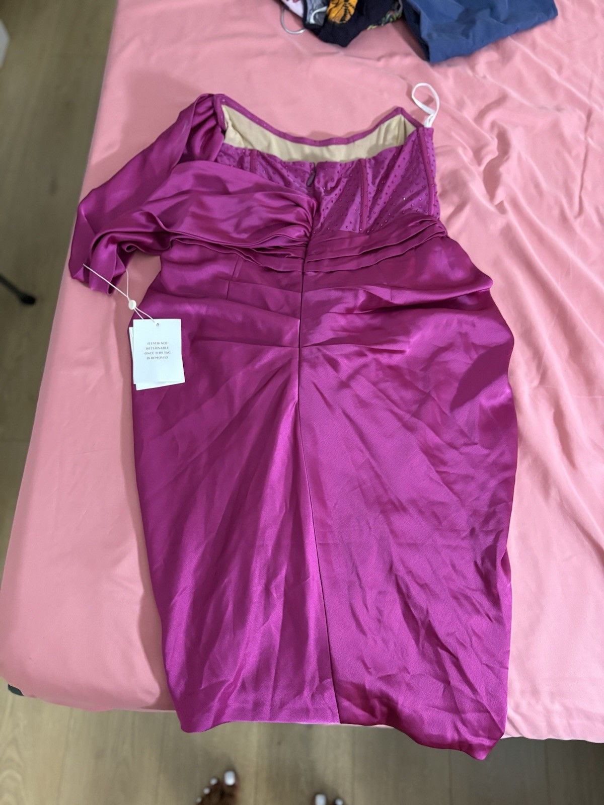 Miss Circle Purple Satin Ruched Off-Shoulder Beaded Corset Midi Dress L