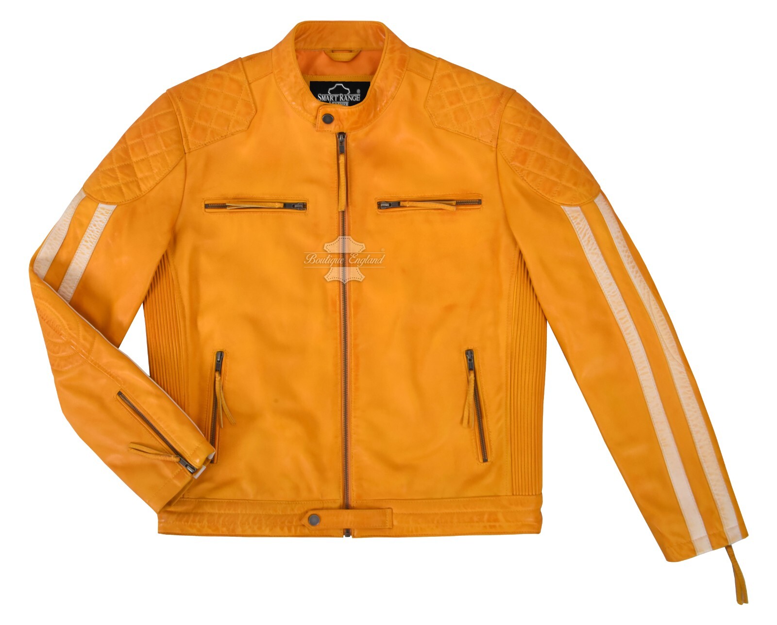 Men’s Racer Leather Jacket Yellow Beige Stripes Biker Motorcycle Style Jacket