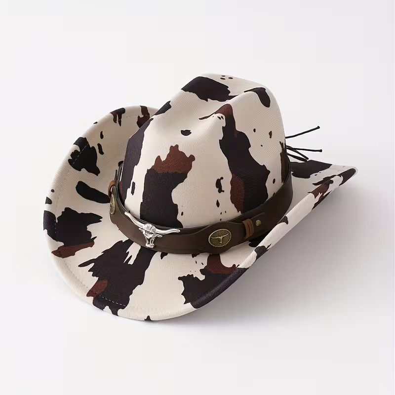 Cow Print Western Cowboy Hat Wide Brim Fedora Rodeo Ranch Cowgirl Unisex