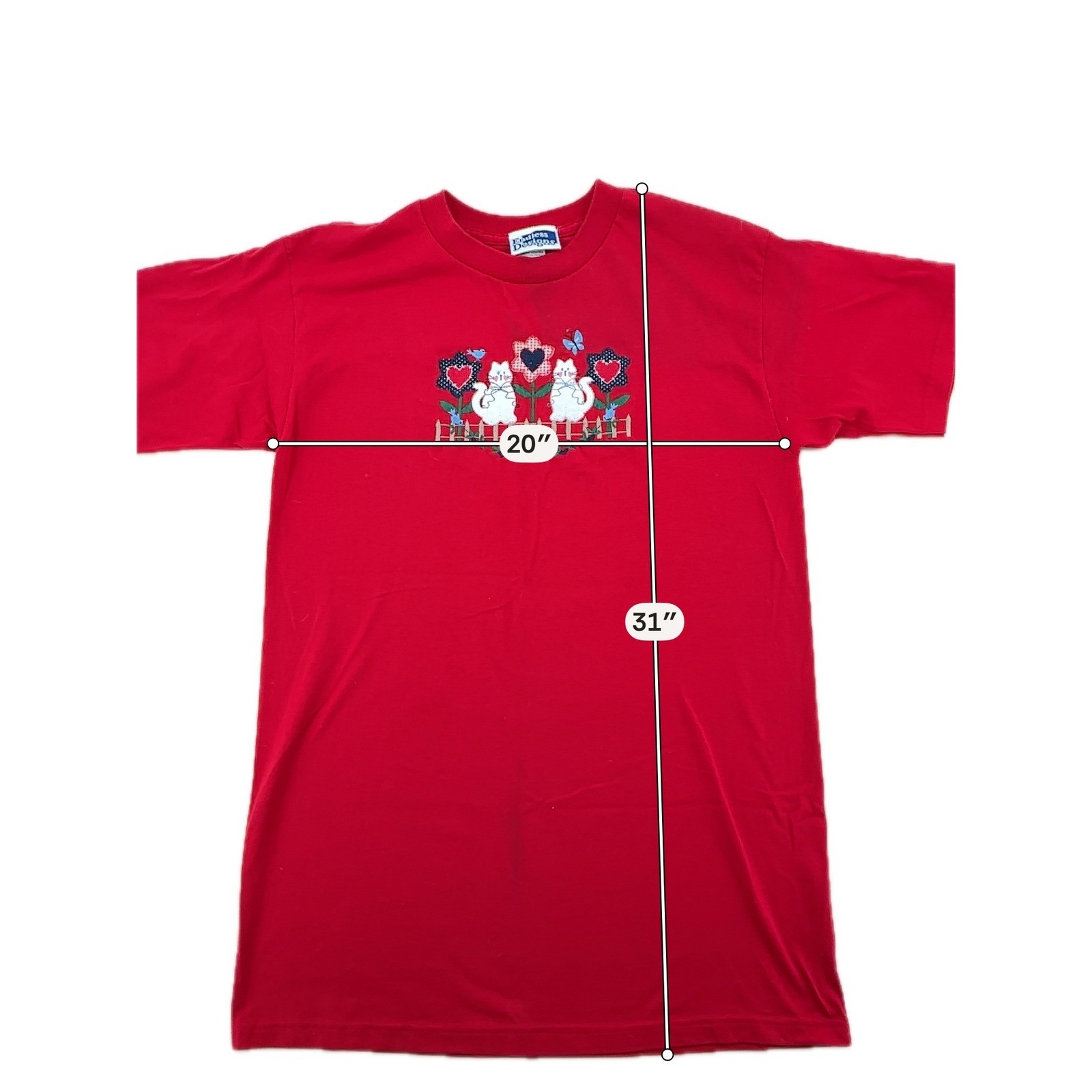 Endless Designs T-Shirt Womens L Red Embroidered Cat Floral 90s Cottagecore Tee