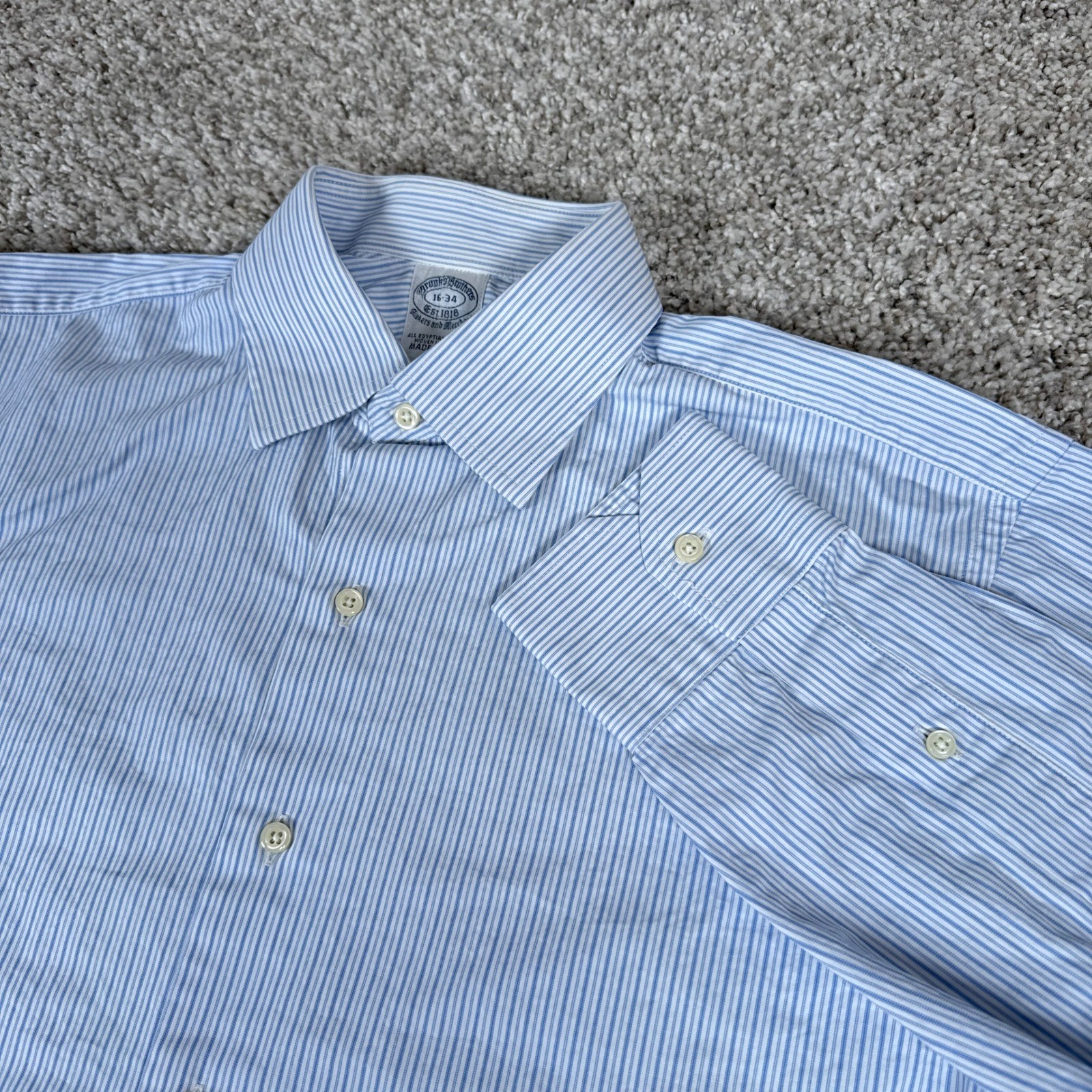 Brooks Brothers Dress Shirt Mens 16 34 Blue Striped Egyptian Cotton Made in USA