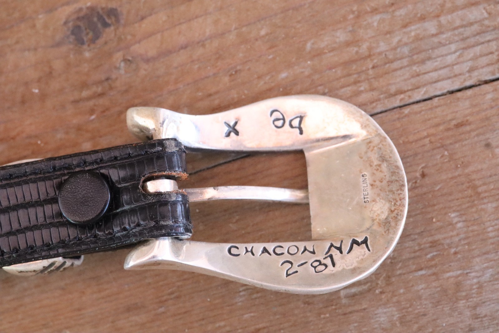 80s Chacon .925 Sterling Silver Ranger Buckle Black Lizard Belt Size 38