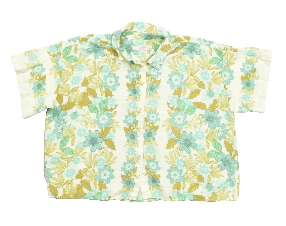 LOFT Petites Linen Blend Floral Button Up Shirt Top LP Teal Green Short Sleeve
