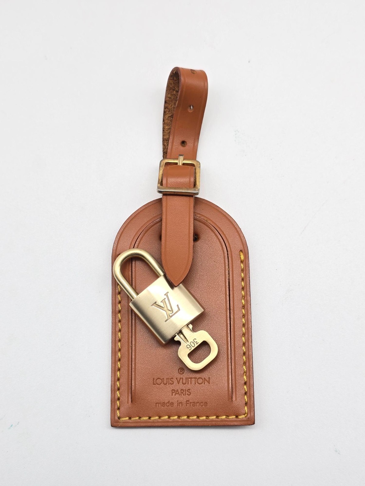 Authentic Louis Vuitton LV Large Brown Luggage Tag Gold Padlock Key w/ Box
