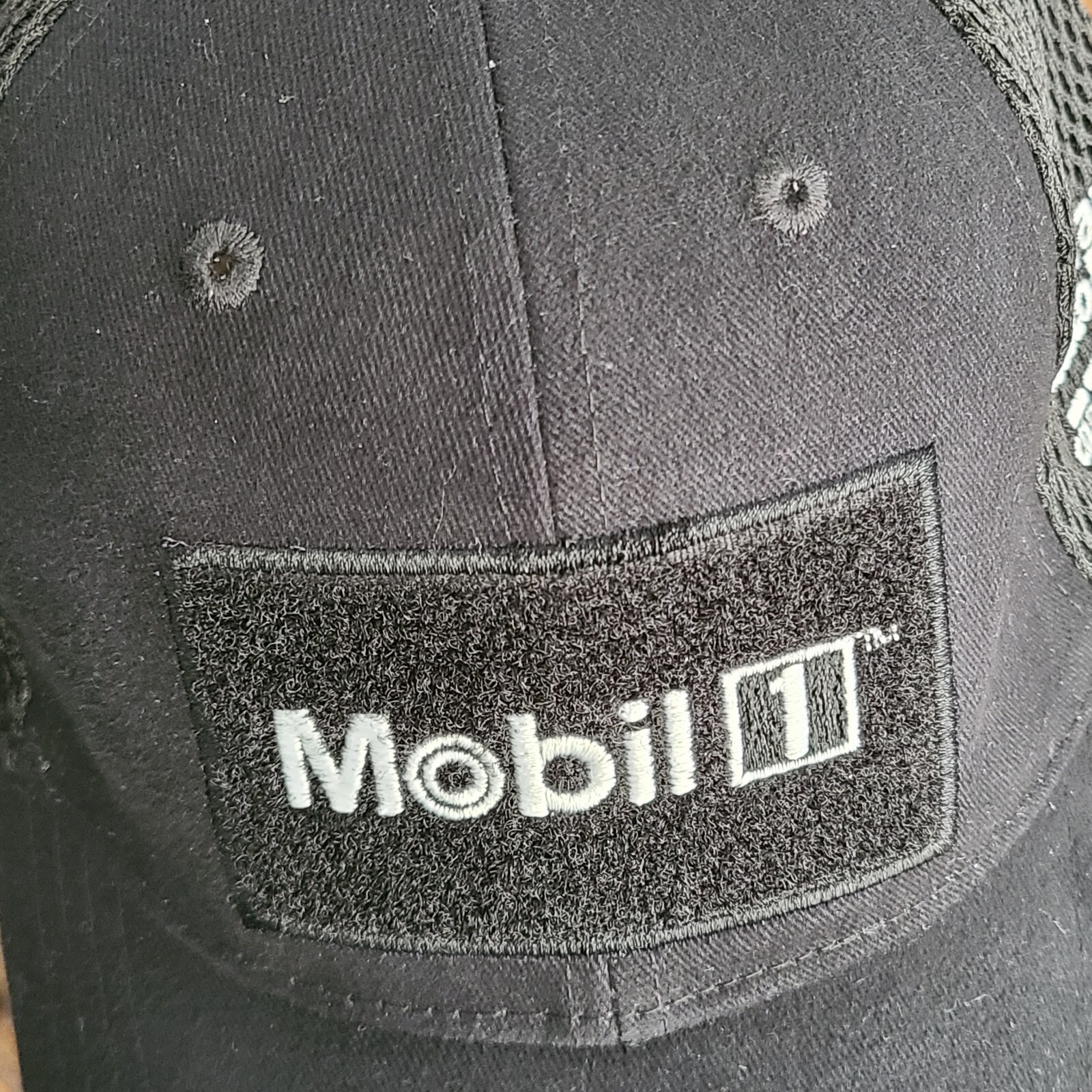 Mobil 1 Black Cap Adjustable Strap Back Hat Red White Blue Embroidered Letters