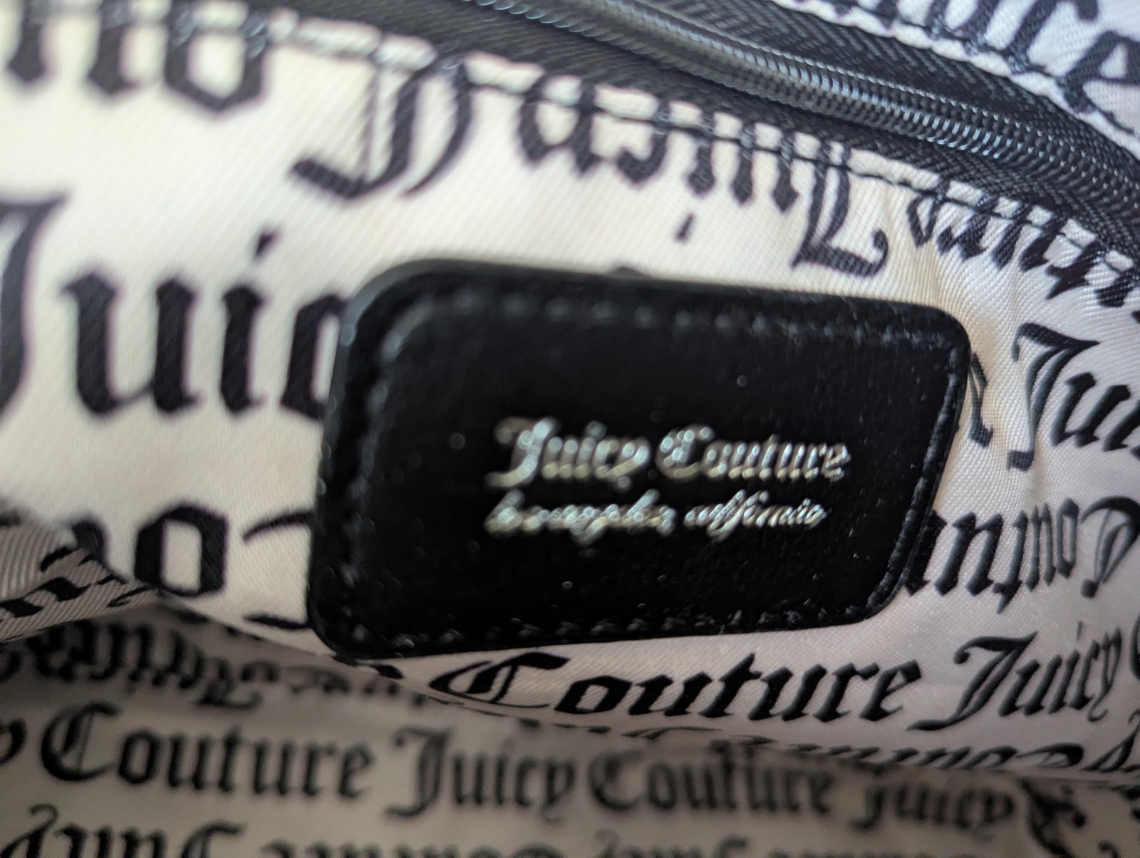 Juicy Couture Black Small Satchel Zip Top Logo Bow Charm Chain Strap Silver