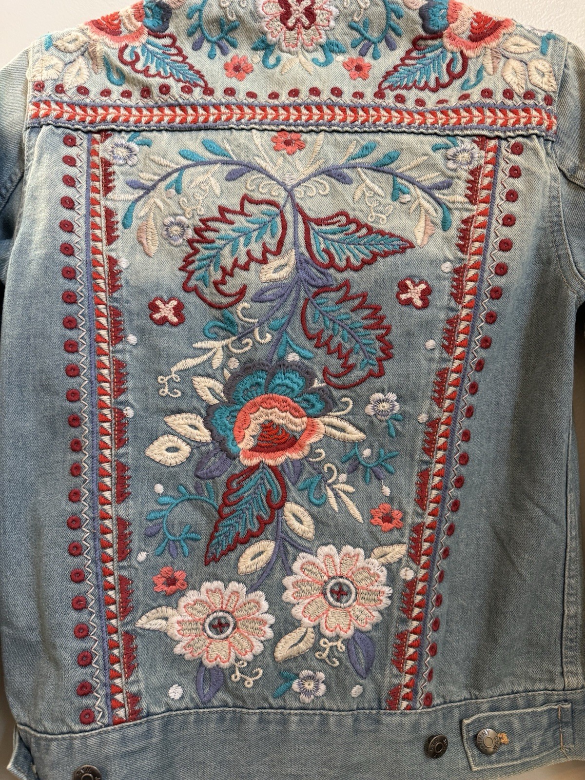 Johnny Was Oman Embroidered Denim Jean Jacket Women’s Boho Artsy Colorful XS