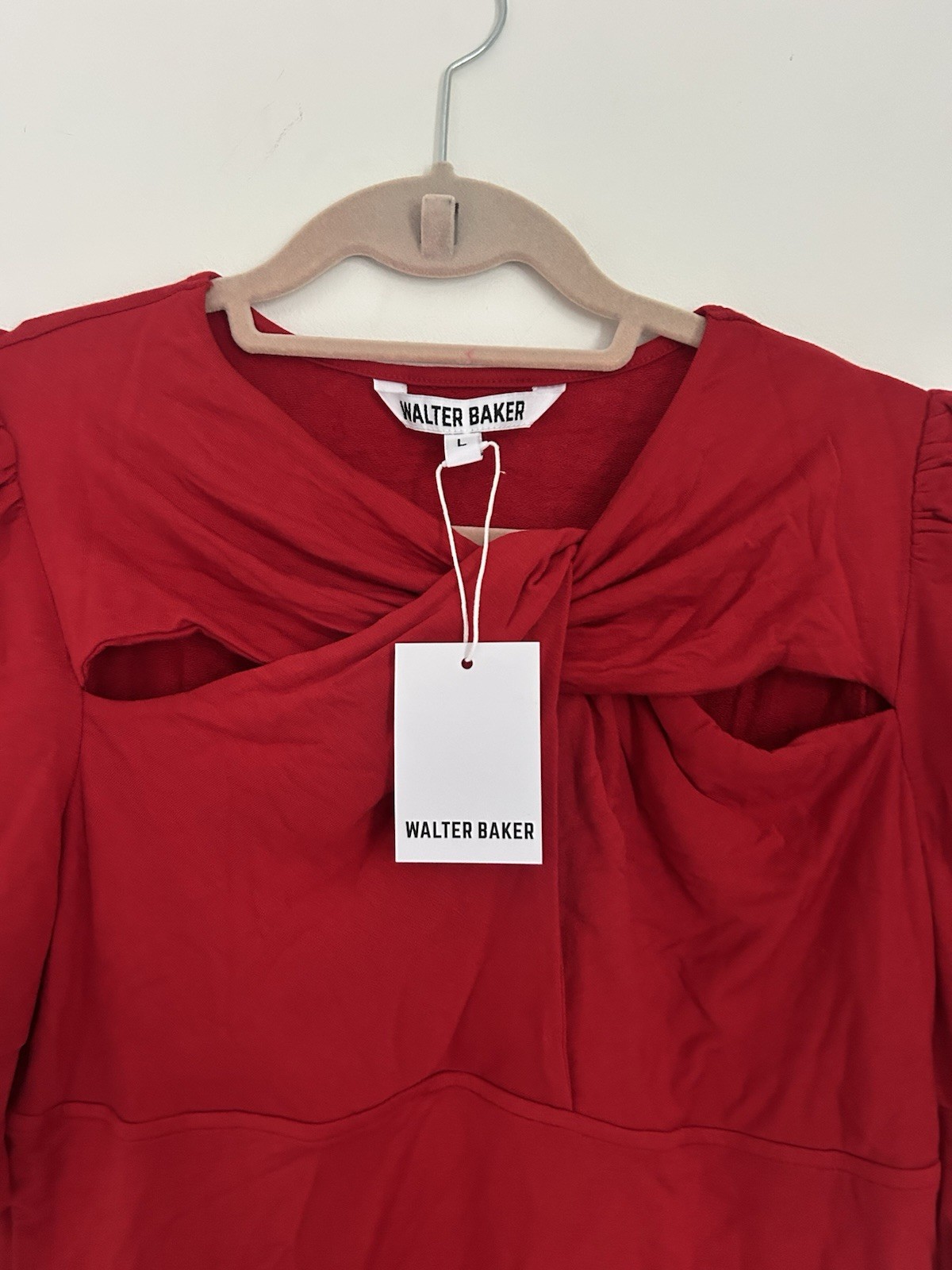 Walter Baker Red Twist Front Cut-Out Ruched Puff Sleeve Crew Neck Top Size L