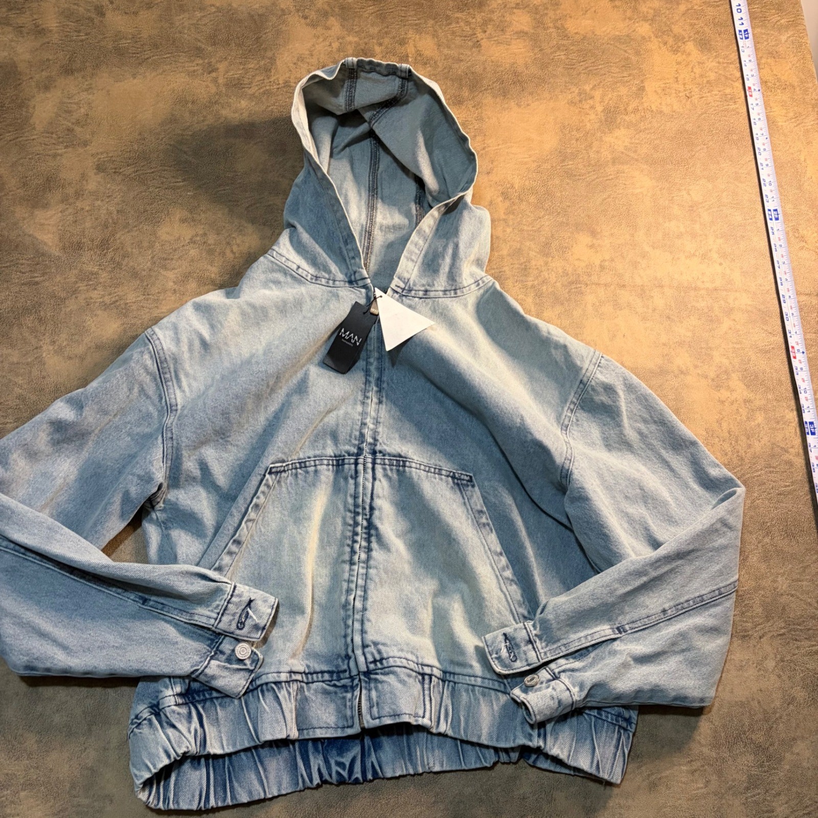 BoohooMAN Denim Hoodie Mens Size M Light Blue Oversized Boxy Washed Full Zip