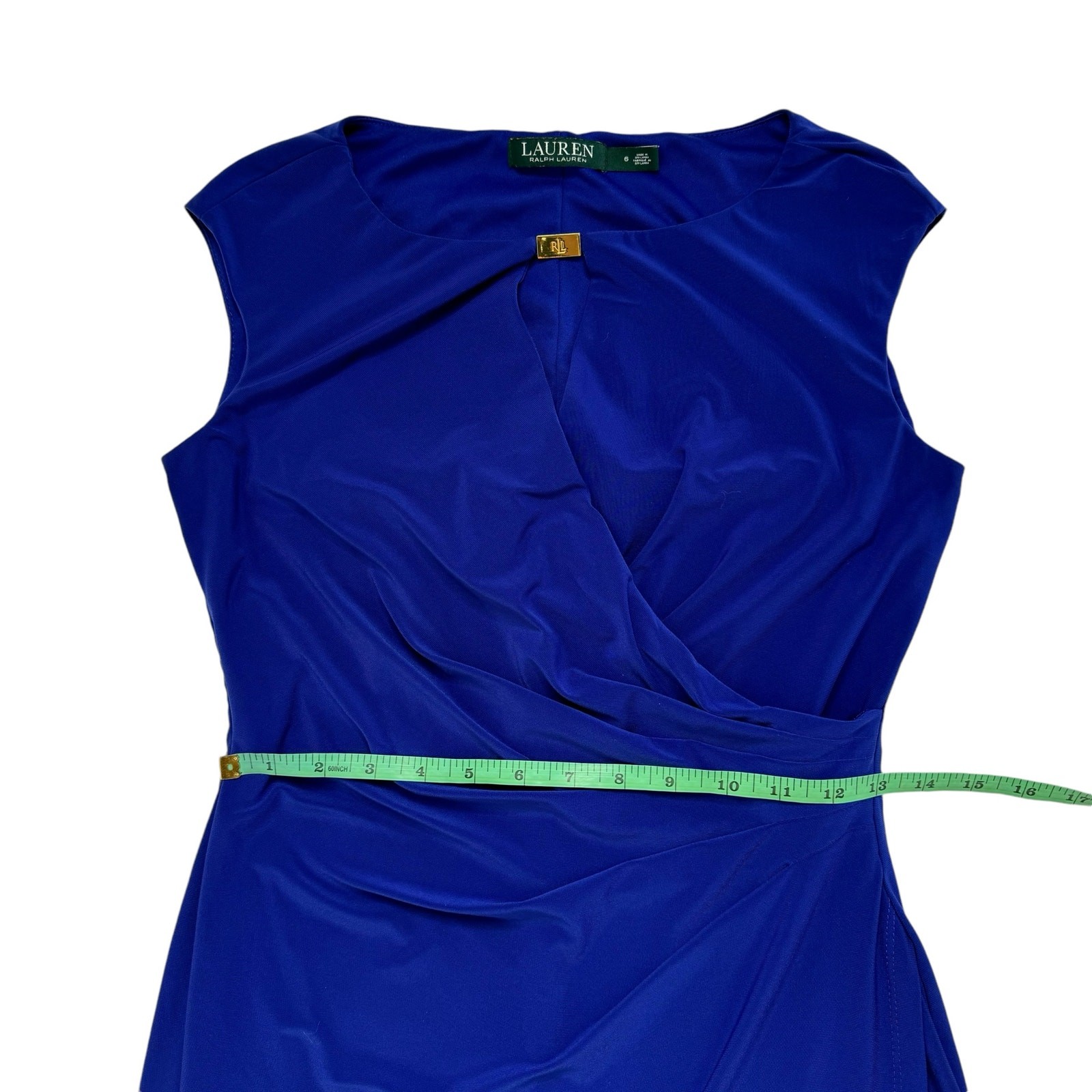RALPH LAUREN LRL Cobalt Blue Keyhole Gold Logo Faux Wrap Dress Sz 6 Jersey Knit