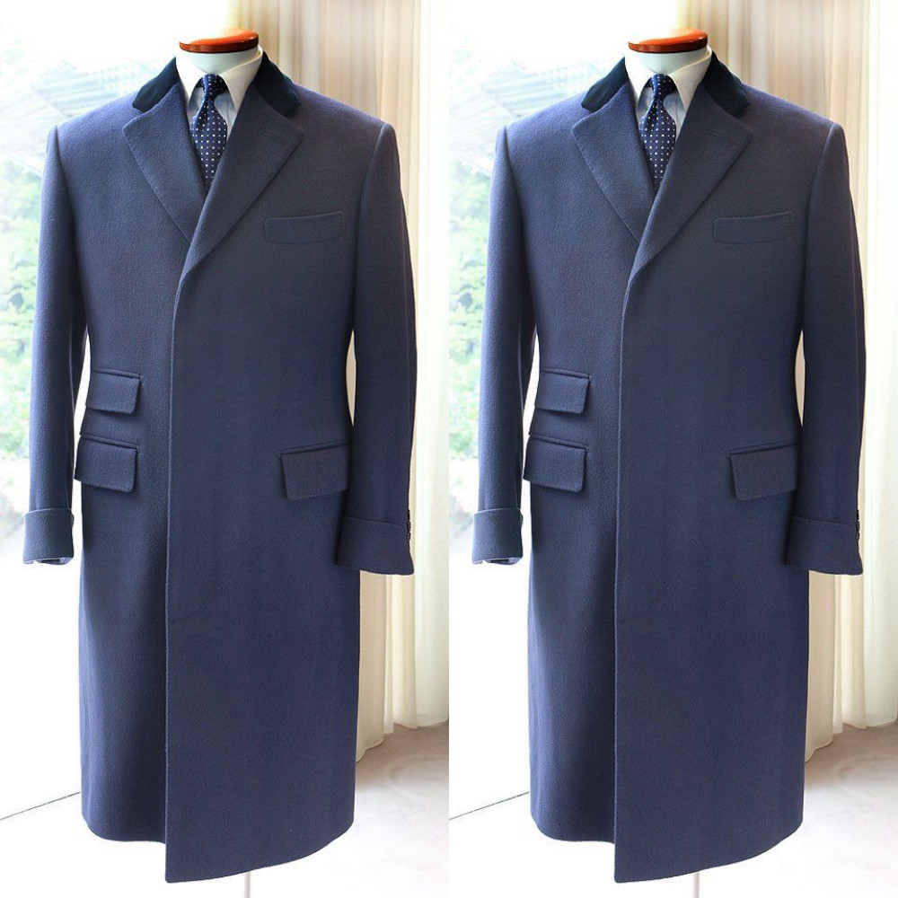 Cashmere Men Long Overcoat Navy Blue Wool Blend Coat Winter Business Outwear