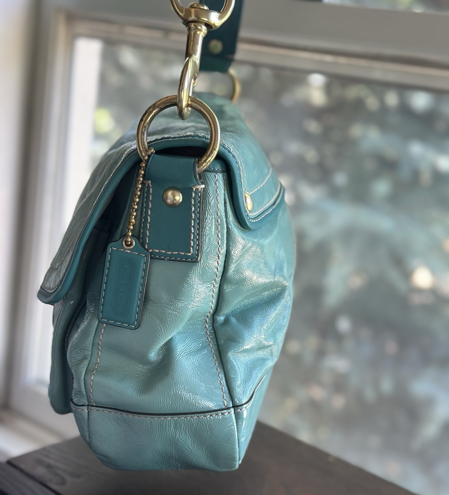 🦋Vintage COACH Ali Turquoise Legacy Patent Leather Turnlock Shoulder Bag f13370