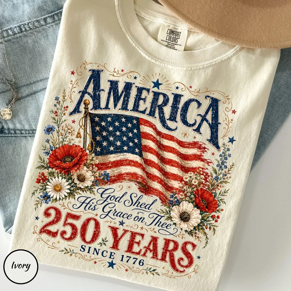 America 250 Years Shirt Patriotic USA Flag Floral Vintage 1776 2026 T-Shirt