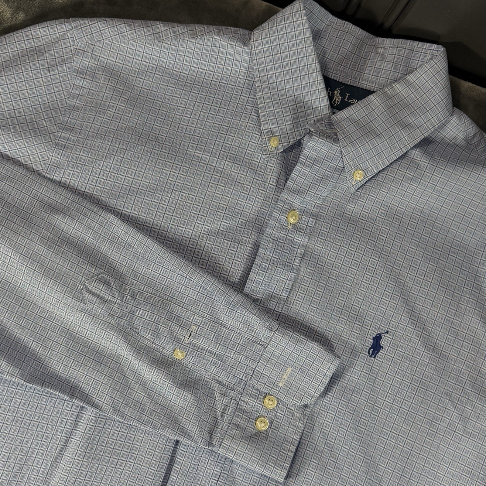 Ralph Lauren Long Sleeve Checked Button Up Shirt Mens 15.5 34/35 Custom Fit Blue