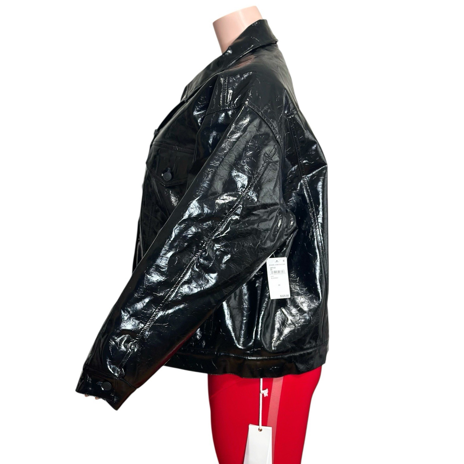 $225 NWT GOOD AMERICAN Faux Crinkle Leather Oversized Puffer Jacket, Black, L/XL