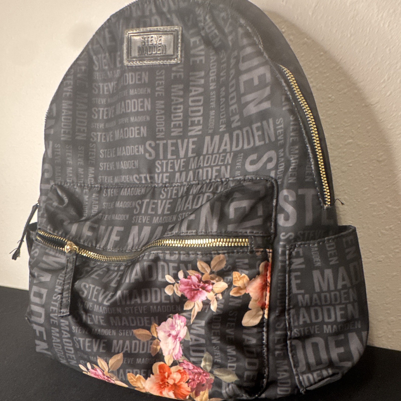 Steve Madden Black/Gray Logo Backpack Floral Pocket Gold Hardware Zip Pockets