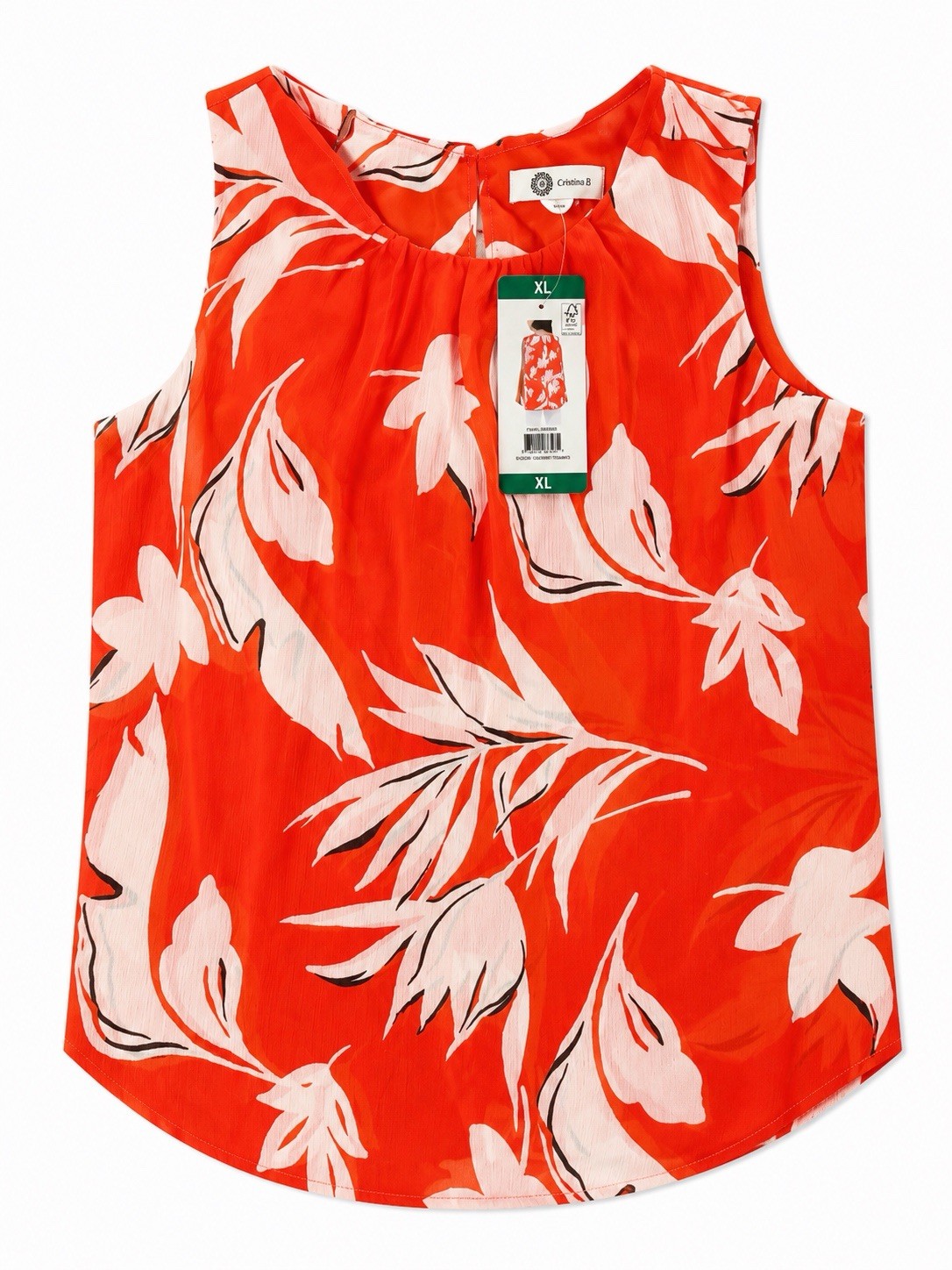 Cristina B Women’s XL Sleeveless Floral Blouse Cherry Tomato Red Tropical Print