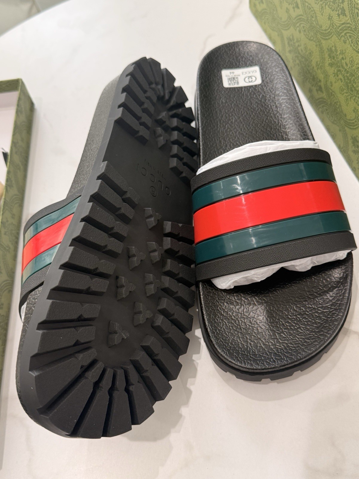Gucci Men’s Web Stripe Slide Sandals Black Red Green Rubber US 10 EU 44
