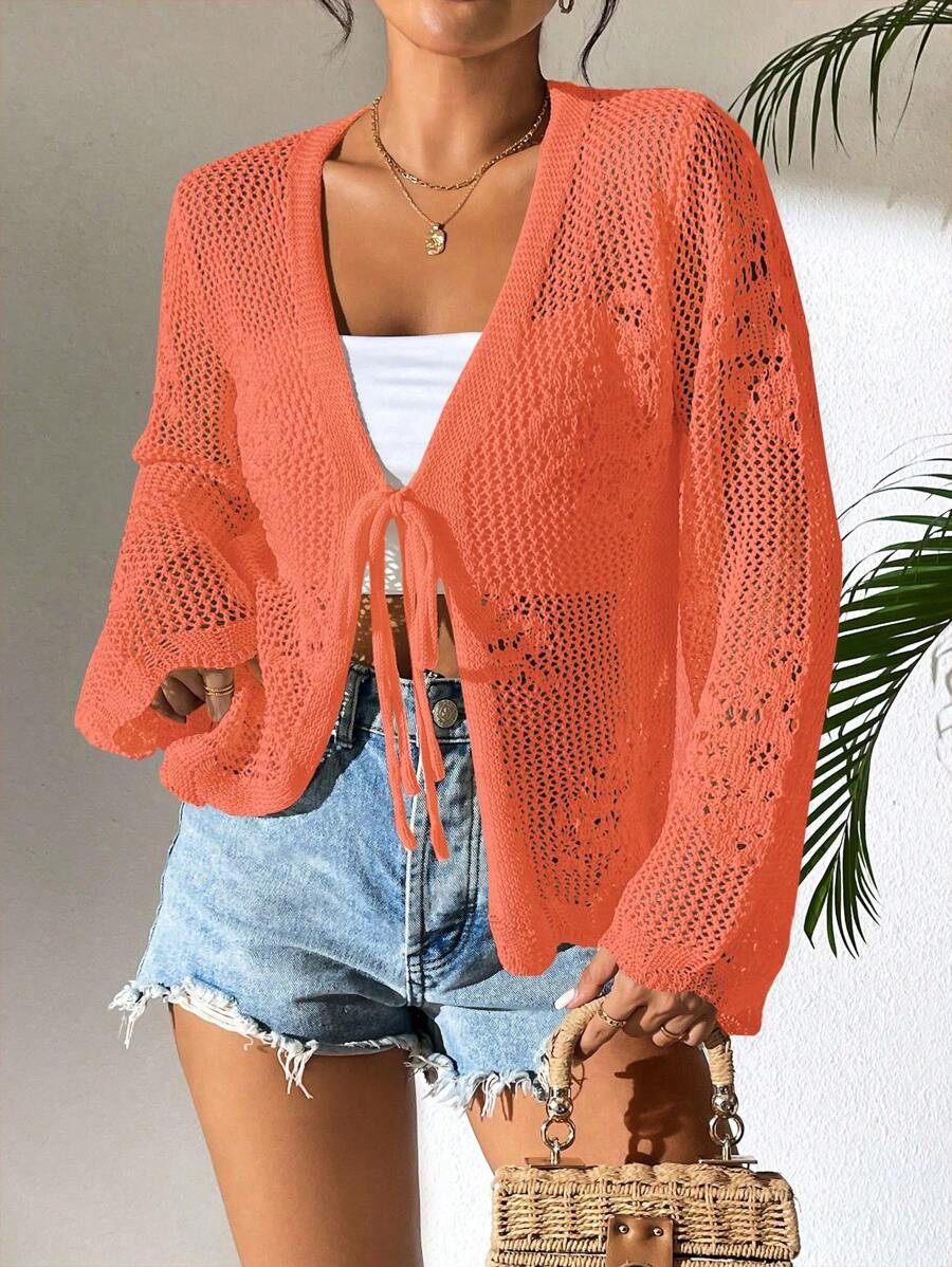 Women’s White Tie Front Cardigan Openwork Crochet Beach Cover Up Sweater