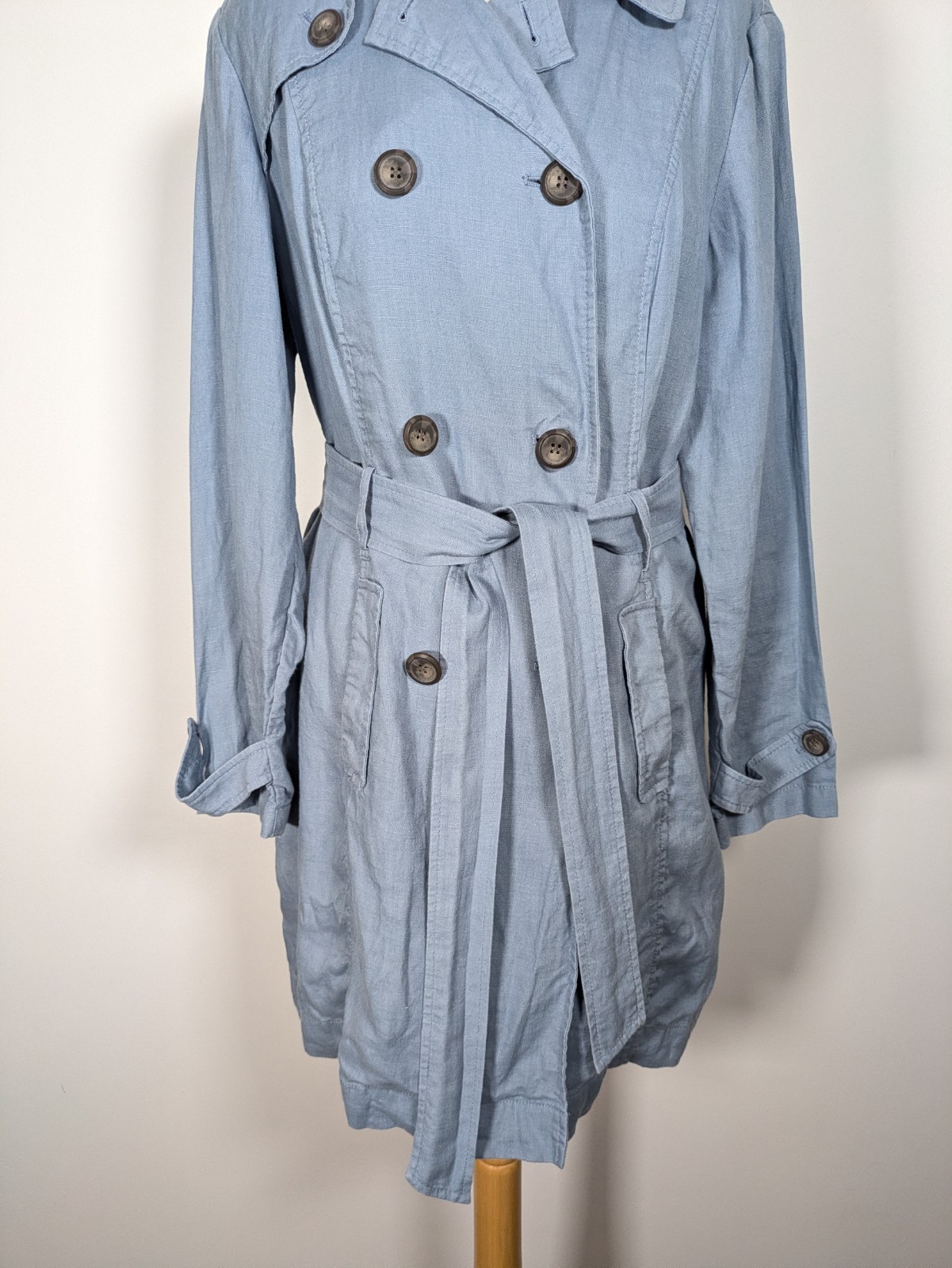 Marks & Spencer Linen Unstructured Mid Length Duster Jacket UK 14 Blue Belted