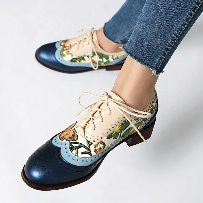 Women’s Ethnic Oxfords Colorblock Patchwork Shoes Floral Two Tone Low Heel Pumps