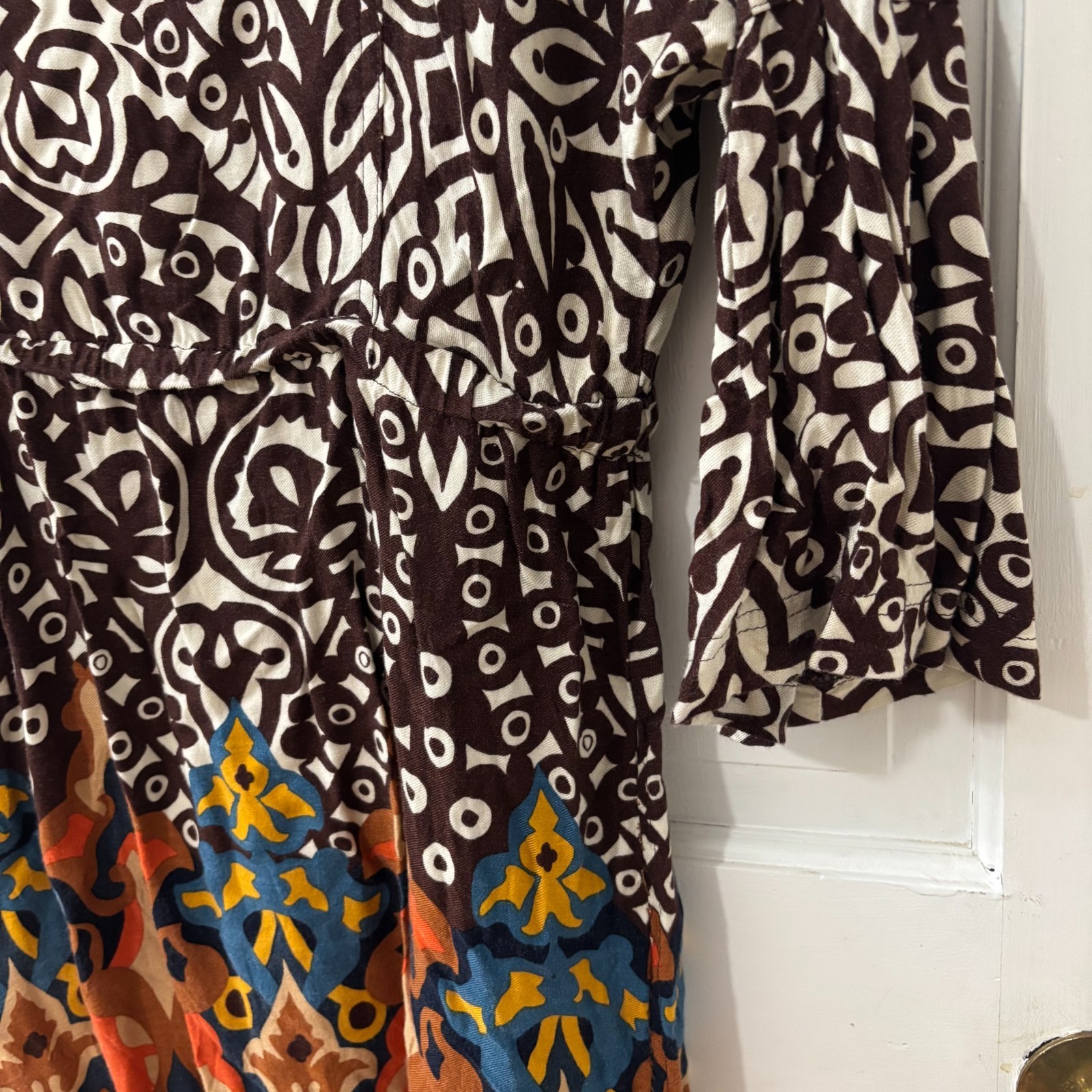 Uncle Frank dress Sz S Boho Hippie Mixed Print Bell sleeve Brown Orange Fall