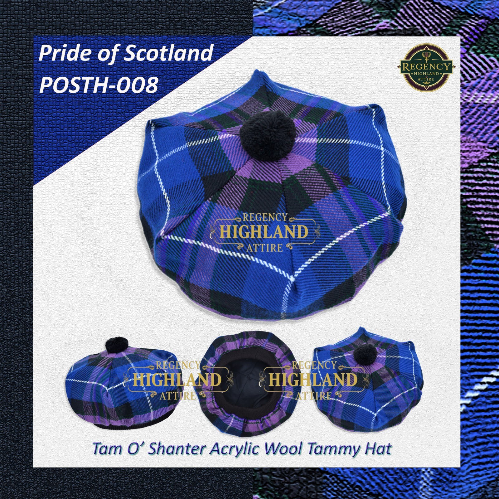 Unisex Great Scottish Highland Tam O Shanter Hat Made of Acrylic Wool Tartan.