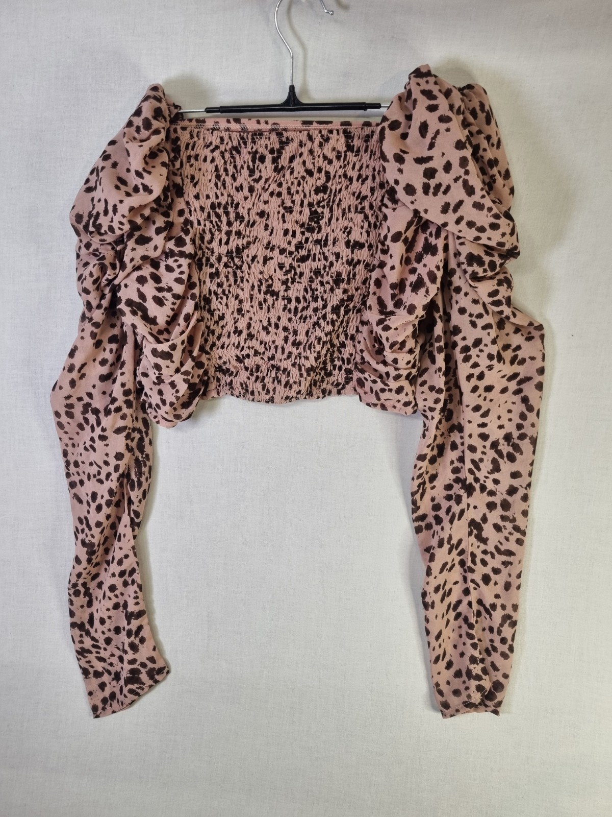 Nasty Gal Leopard Print Bardot Top Brown Pink Long Sleeve Ruffle Blouse Size 12