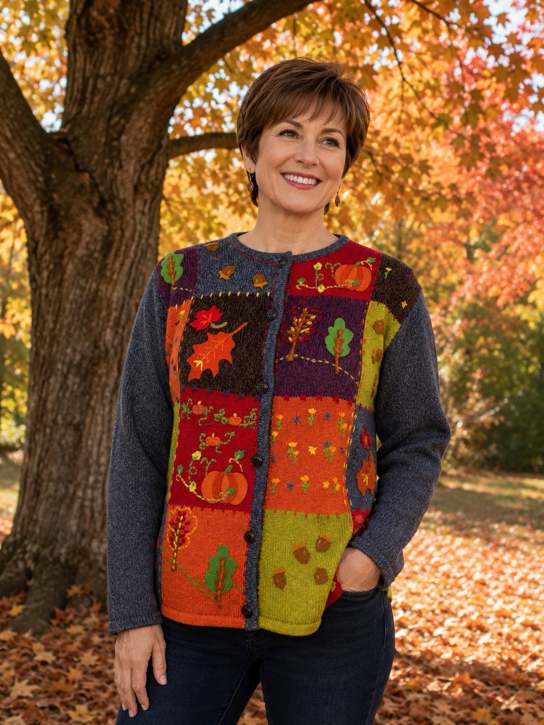Susan Bristol Fall Thanksgiving Changing Leaves Cardigan Sweater Women’s Sz S