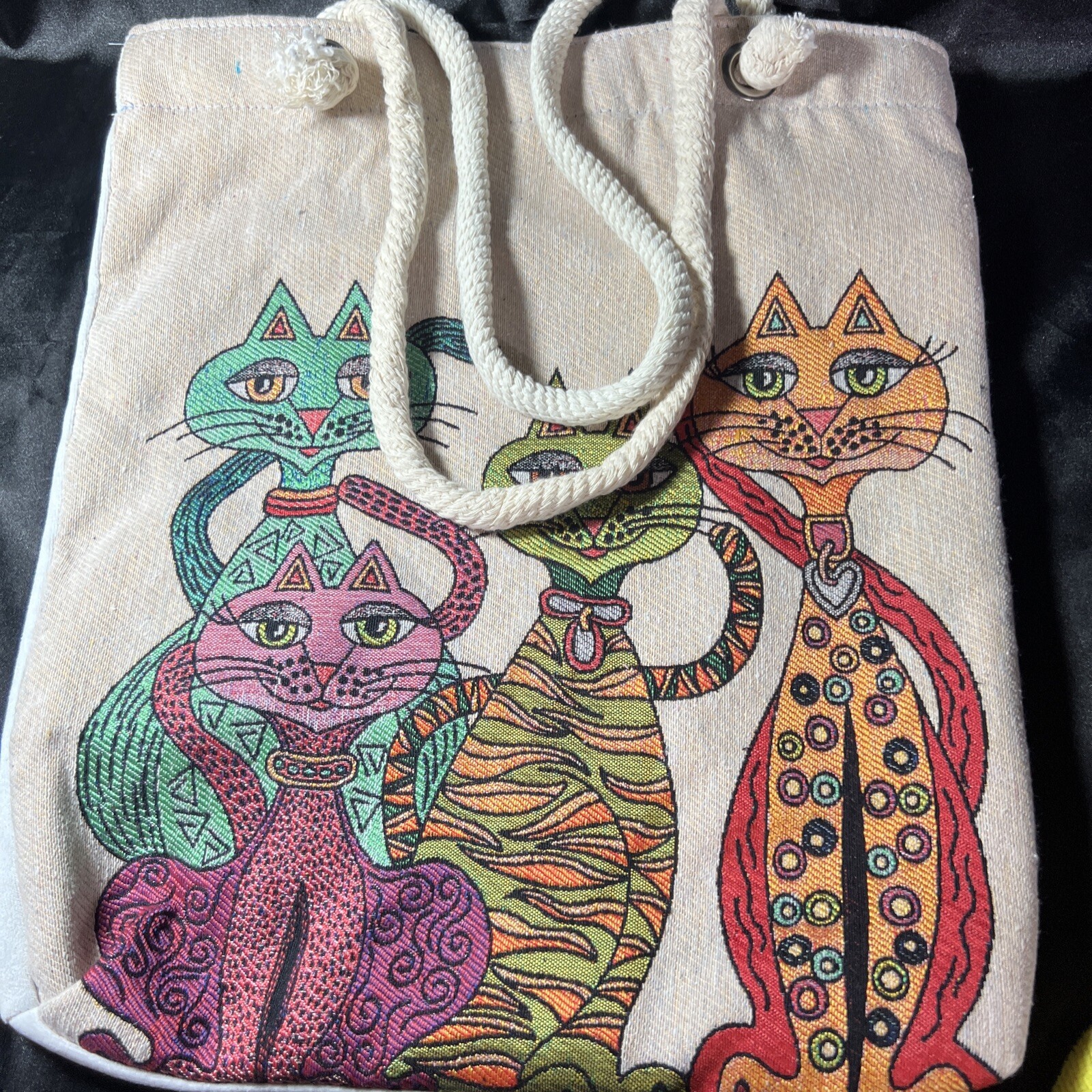 Boho Cat Tapestry Fabric Tote Bag for Women Anatolian Pattern Shoulder Bag