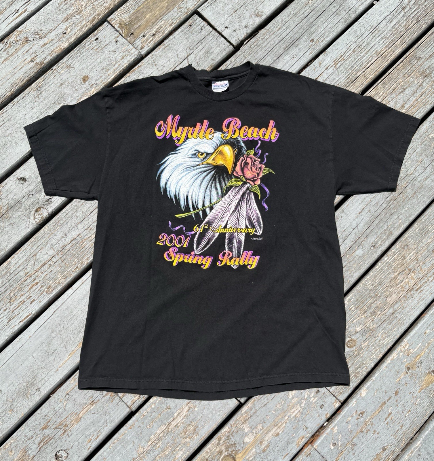 Vintage 2001 Myrtle Beach Spring Bike Rally Tee Shirt XL Black Eagle Rose