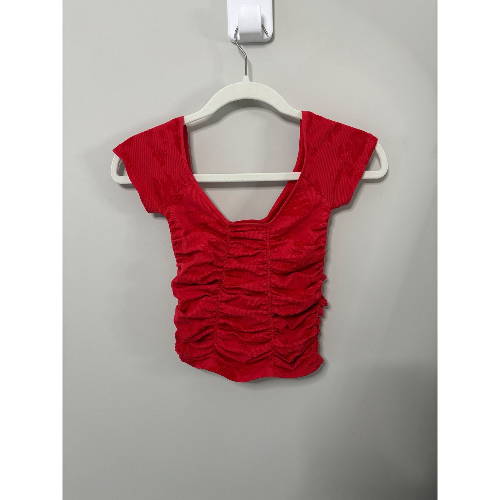 Free People Intimately Red Floral Ruched Square Neck Cap Sleeve Baby Tee Top