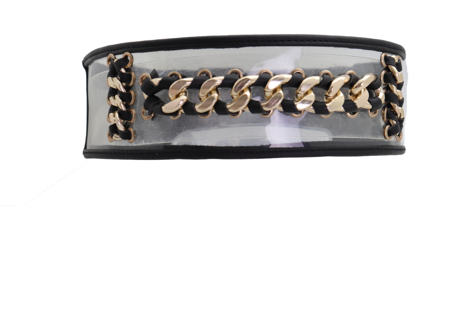 Women Black Elastic Wide Waistband Miami Beach Sexy Belt Gold Metal Chain XS S
