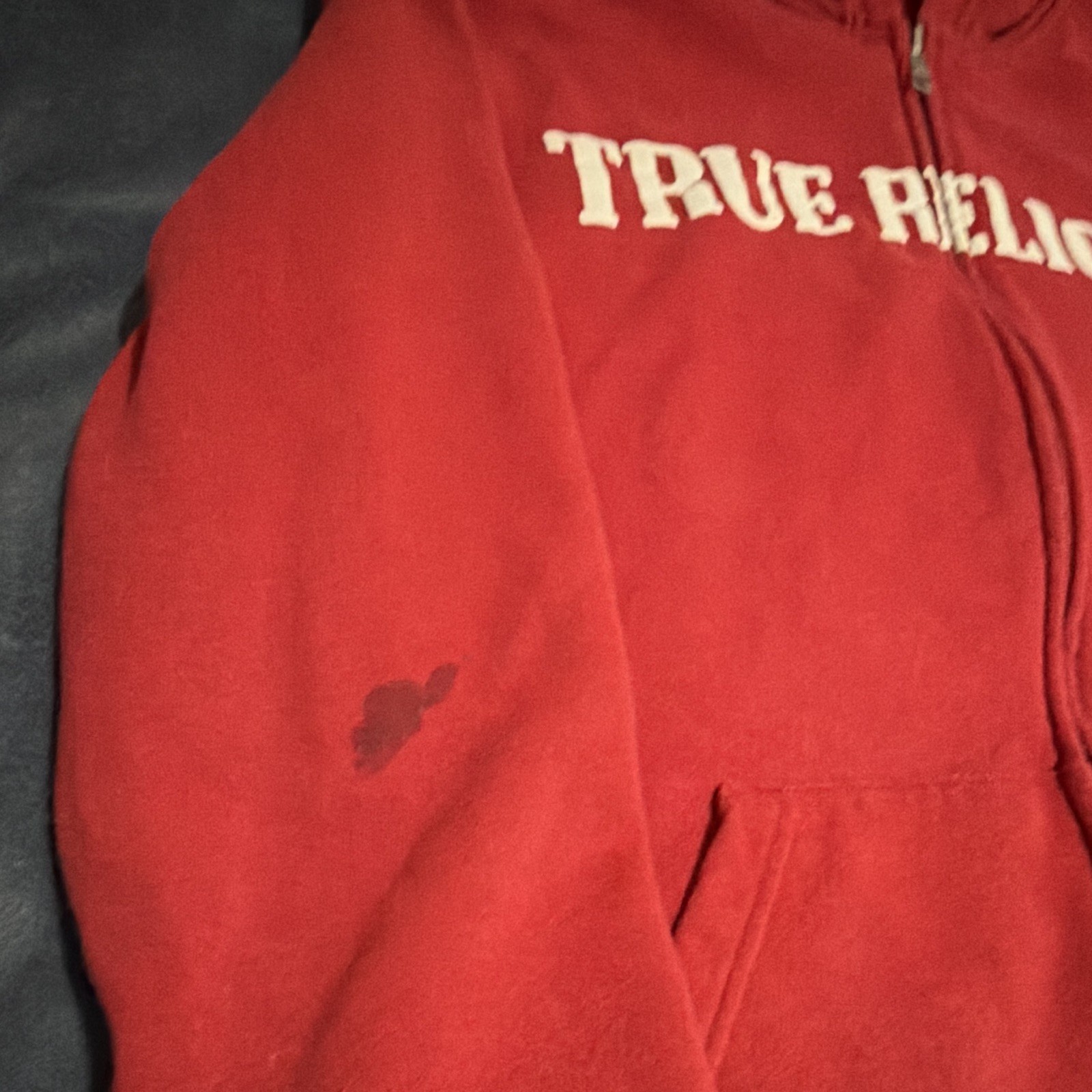 True Religion Men’s L Red Full Zip Logo Graphic Fleece Hoodie Pockets, No String