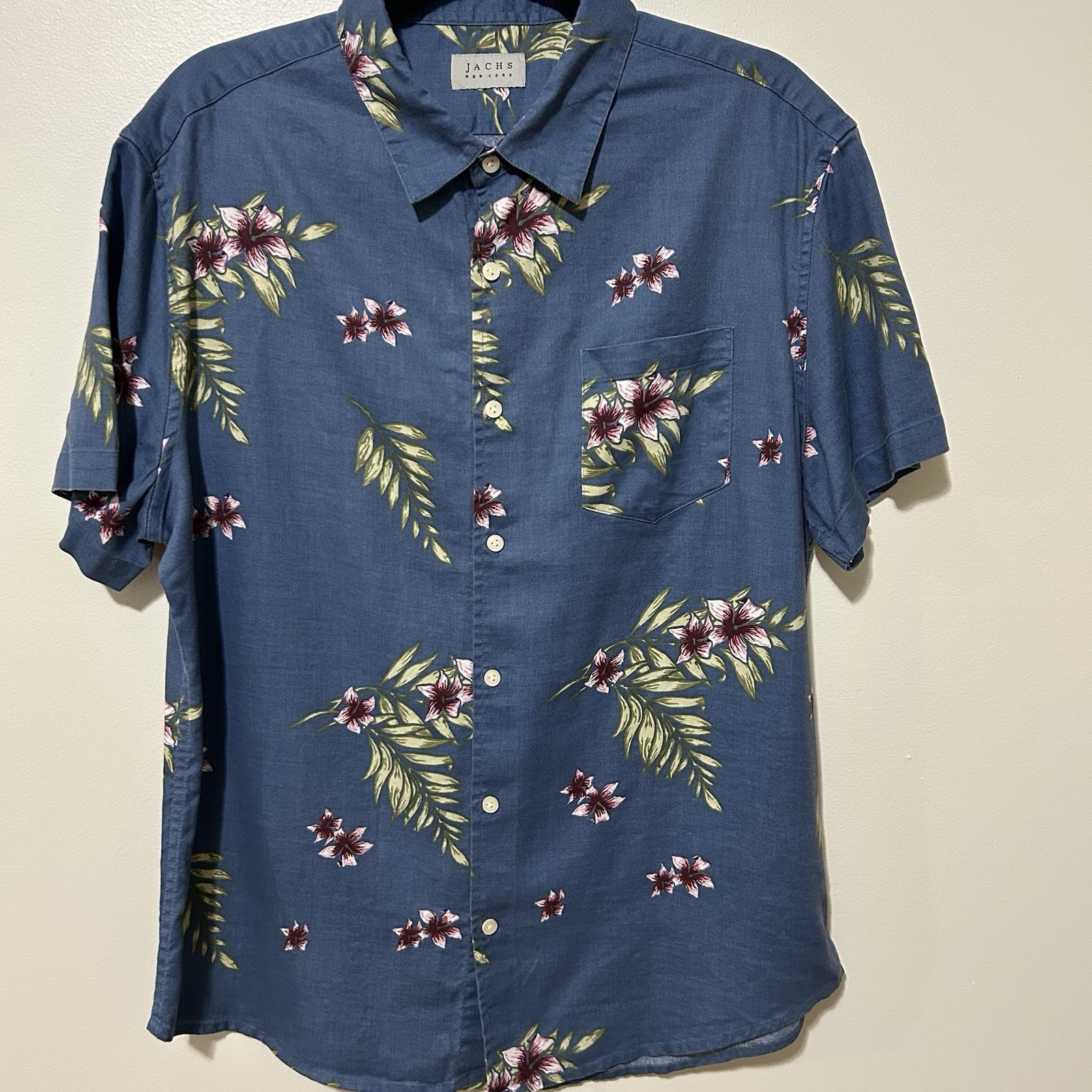 Jachs New York Mens Button Up Shirt Size Large Blue Floral Casual Short Sleeve
