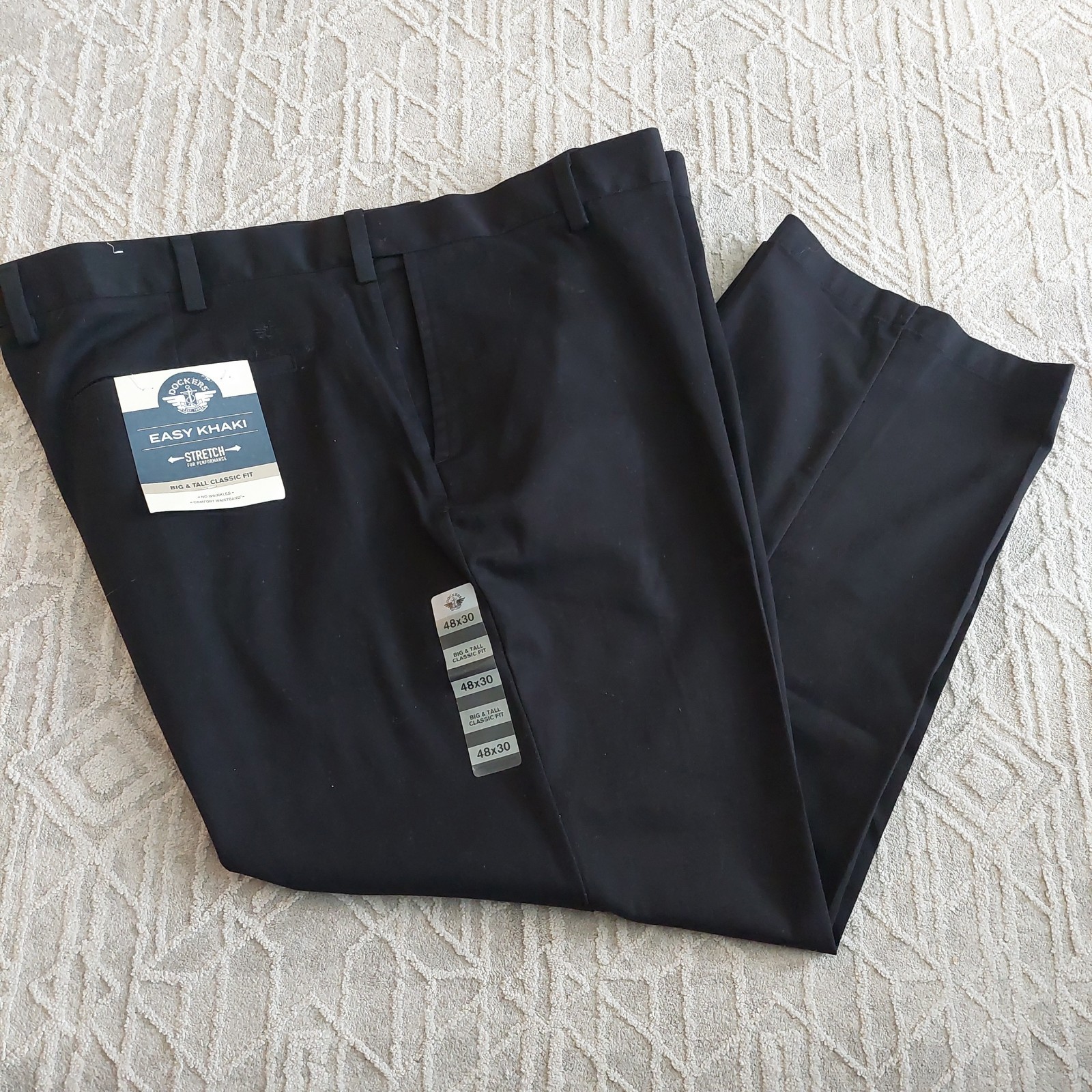 Dockers Easy Khaki Pants 48×30 Black Hidden Expandable Flex Waist Flat Front