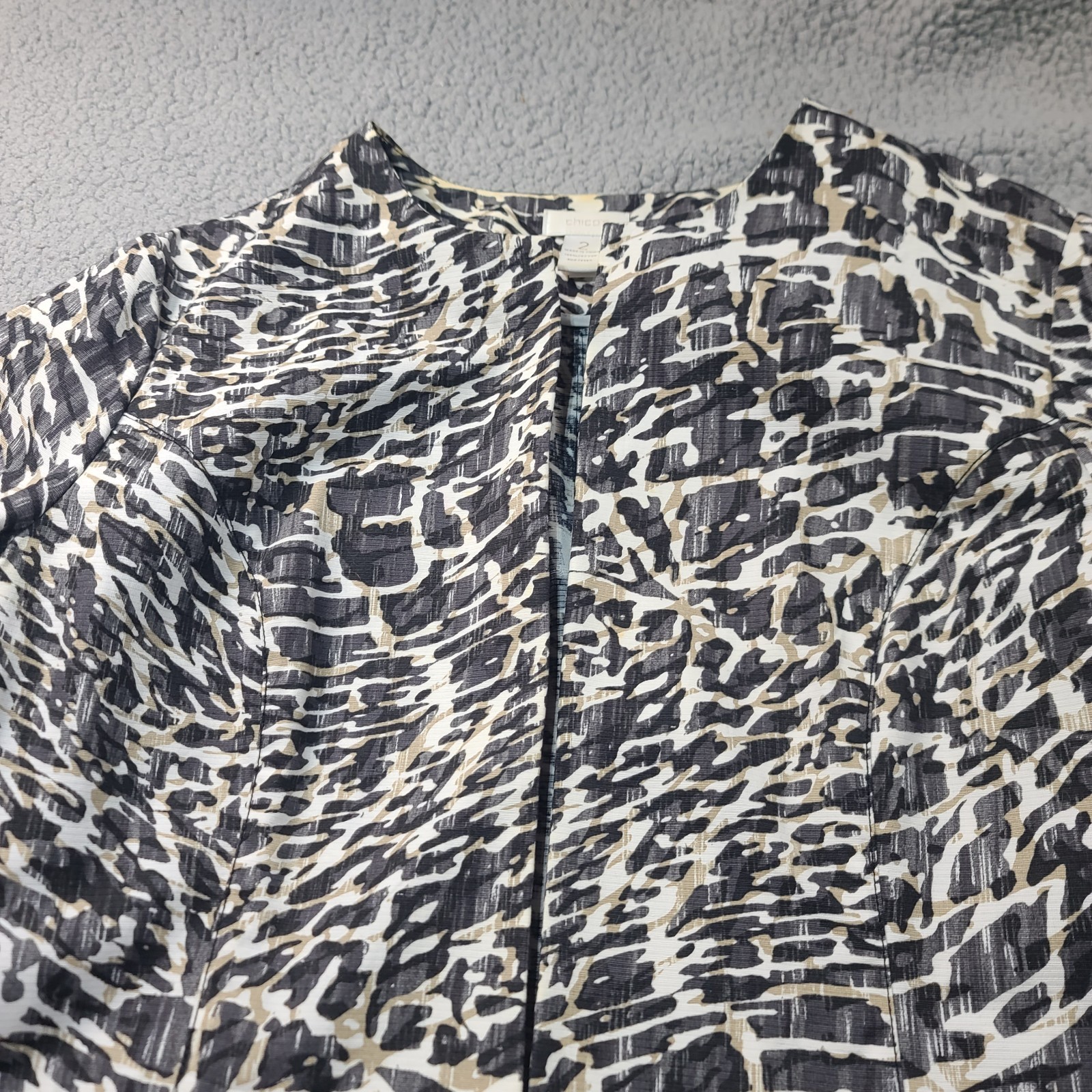 Chicos Womens LG 2 Open Front Jacket Blazer Abstract Animal Print Cotton Unlined