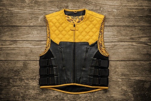Handmade Leather Biker Vest Yellow Black Quilted Motorcycle Club Style