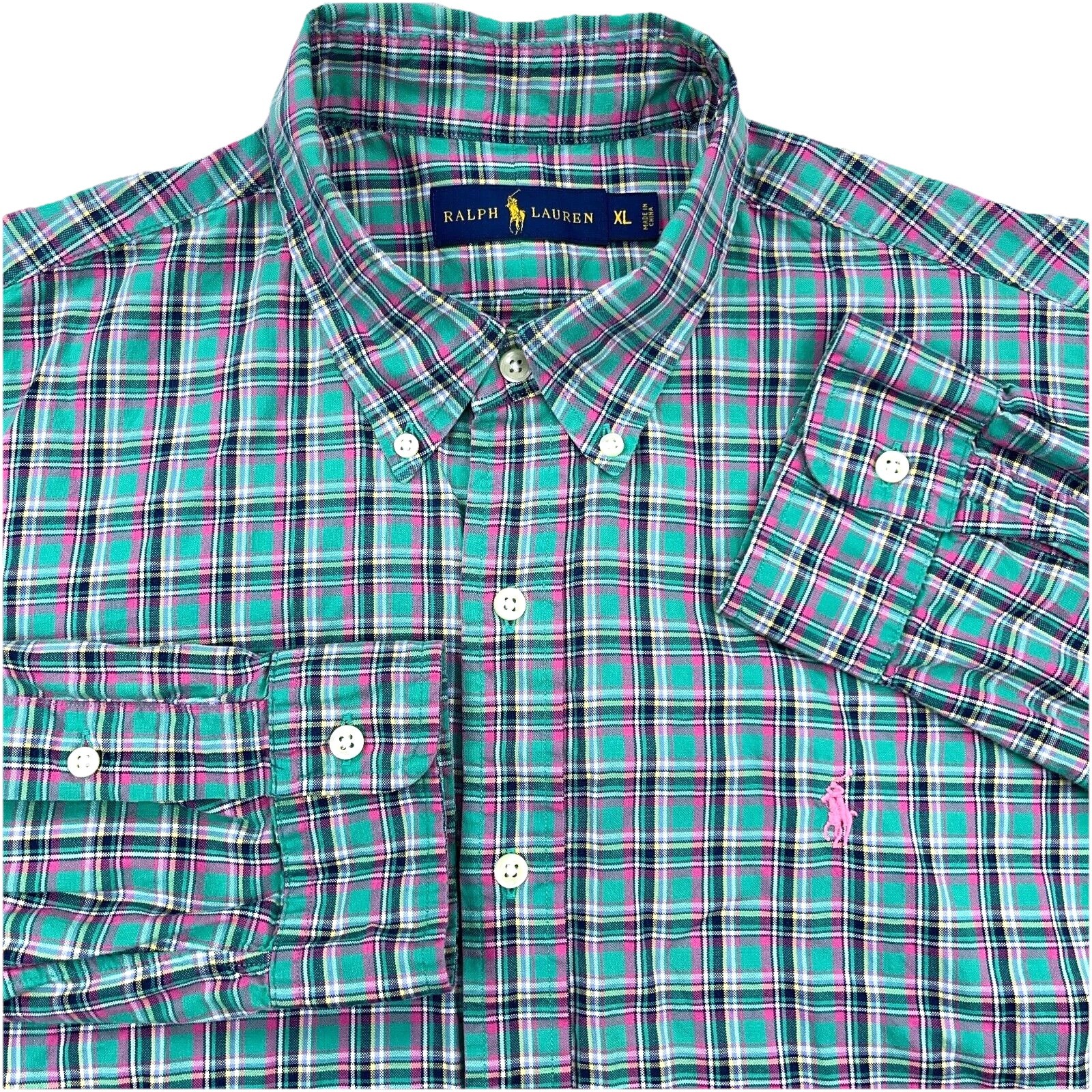 Ralph Lauren Shirt Men XL Green Pink Button Up Oxford Cloth Plaid Dress OCBD A87