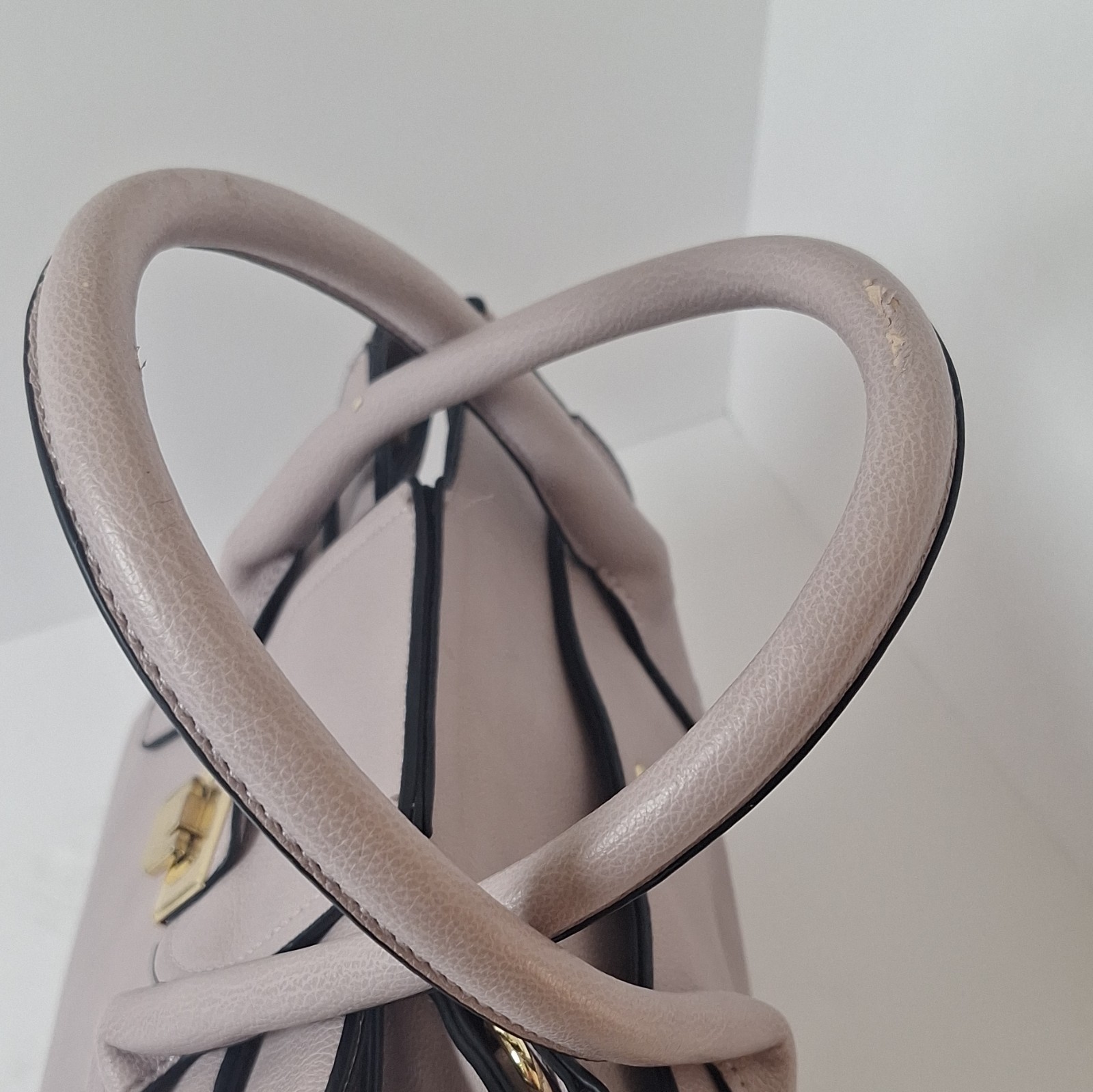 Beige Pebbled Satchel Top Handle Bag Gold Turn Lock Buckle Accent Solid