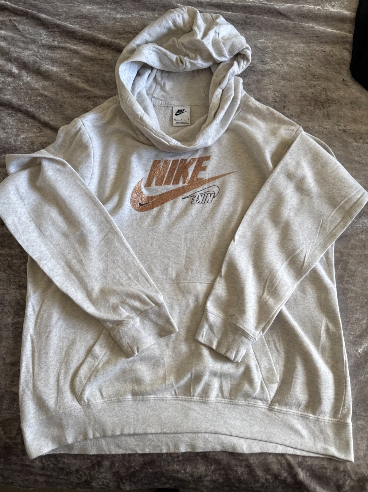 Nike Sportswear Club Fleece Womens M Grey Funnel Neck Glitter Hoodie Pullover
