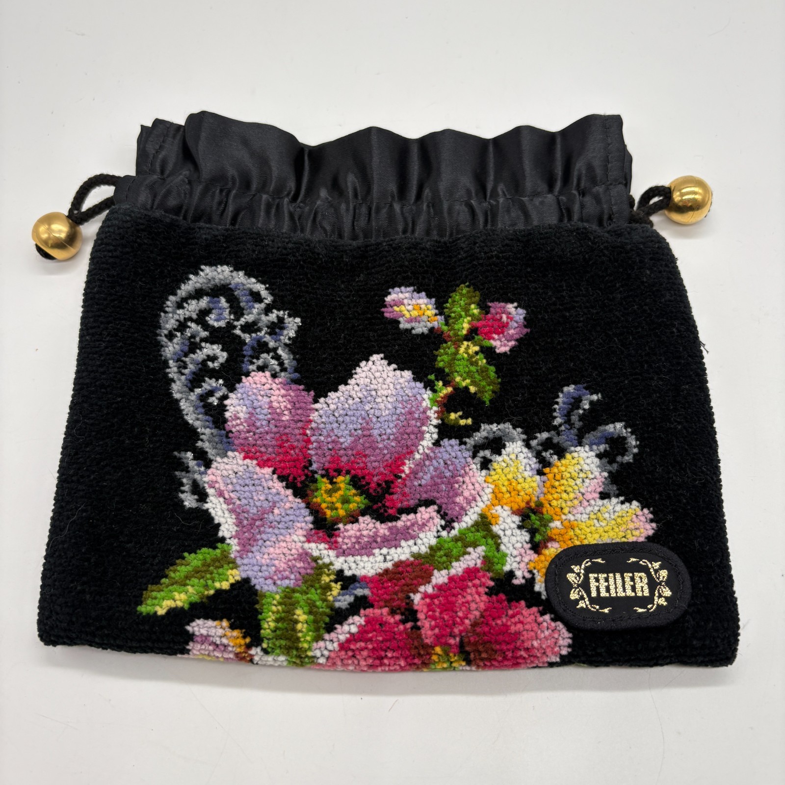 FEILER drawstring pouch, floral pattern, chenille fabric, no. 207