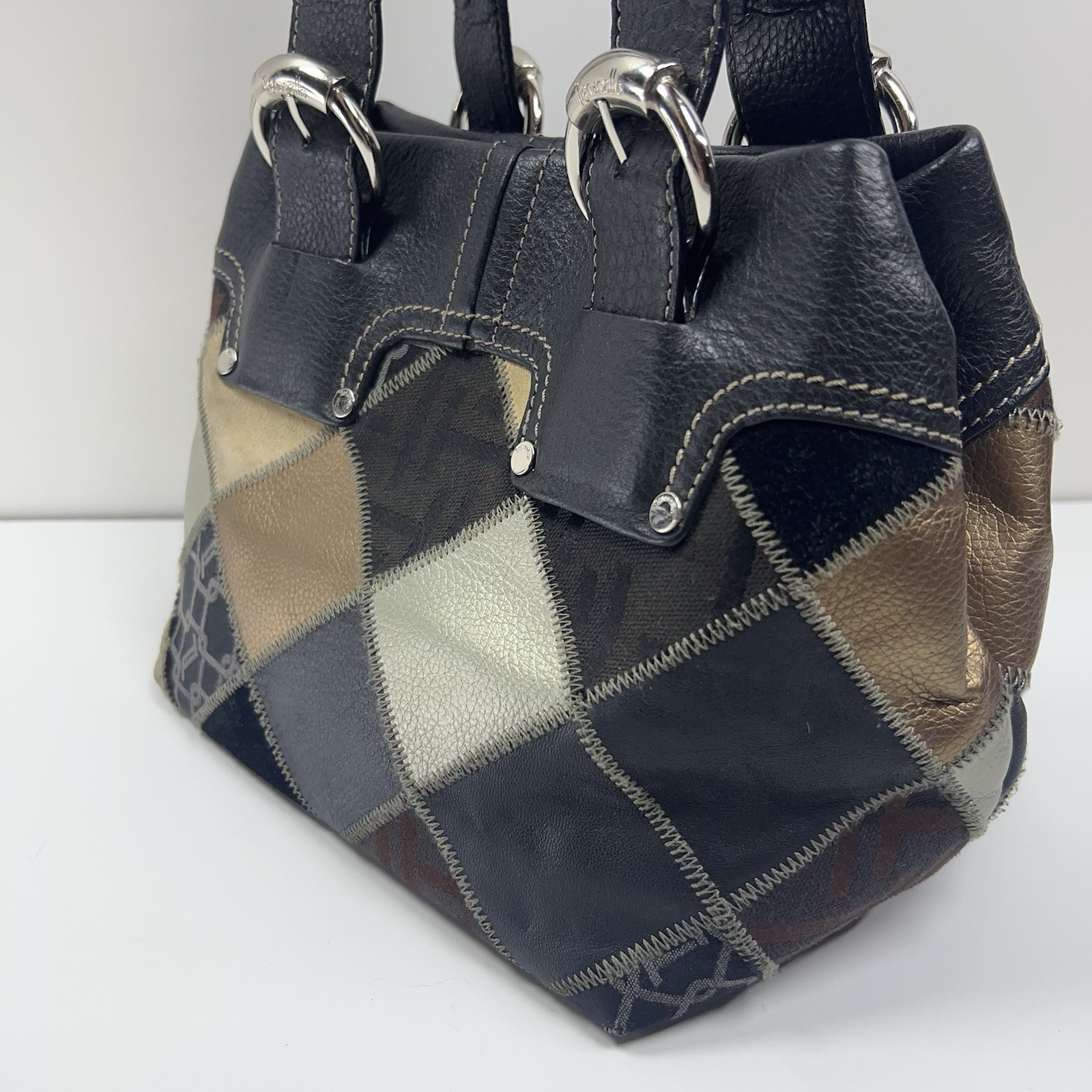 TIGNANELLO Leather Suede Patchwork Shoulder Bag Metallic Silver Buckle Boho Chic