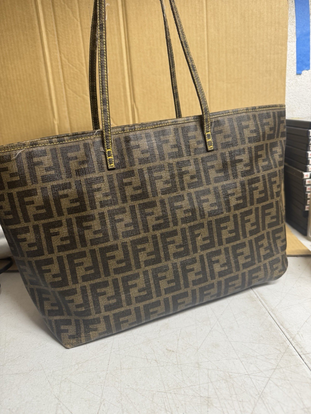 Fendi Zucca FF Roll Tote Bag Brown Canvas Leather Large Authentic 8BH185