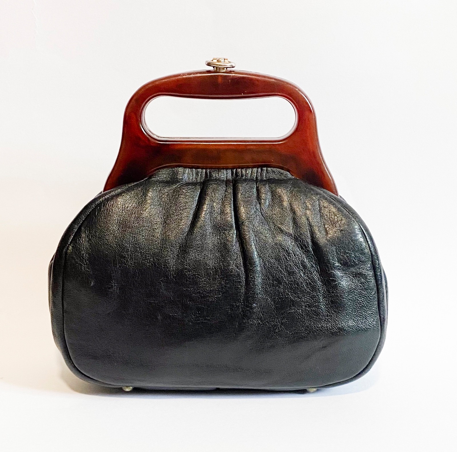 Neusteters Vintage Mid Century 60s Black Leather Handbag Tortoiseshell Handle