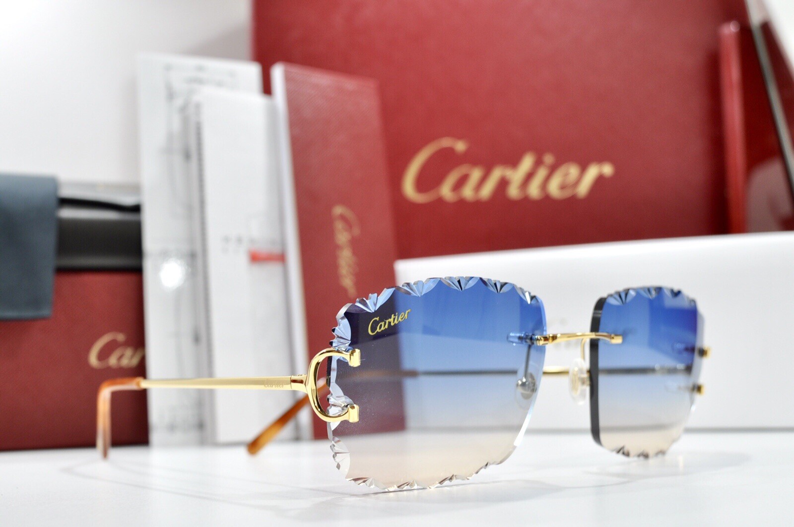 New Cartier rimless sunglasses fred glasses Diamond Cut decor BIG C gold Frame