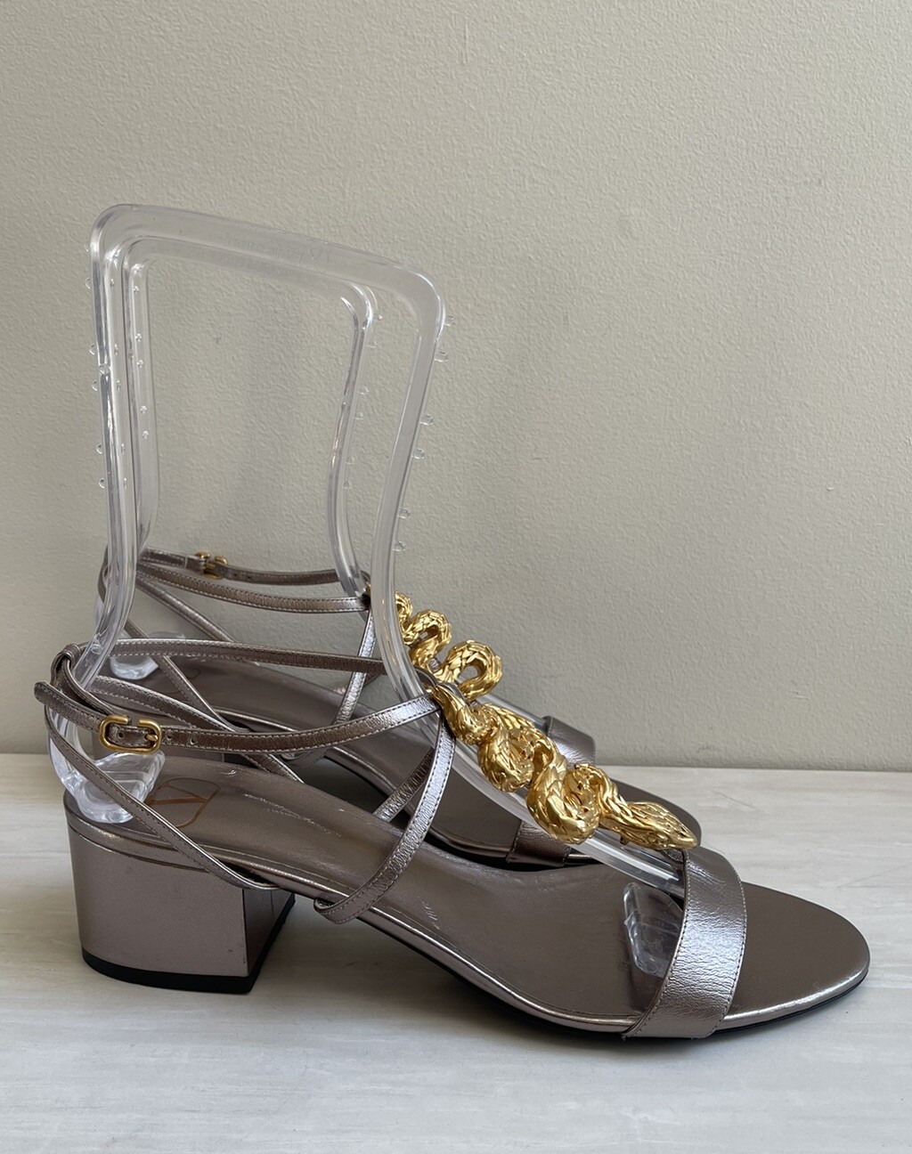 Valentino Garavani Silver Leather Snake Serpent Block Heel Sandals, Bronze, 40